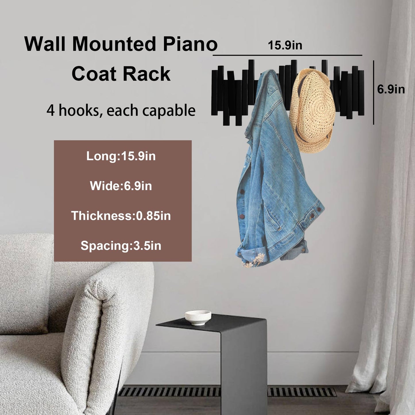 MinBoo Bamboo Multi Hook Coat Rack -Decorative Hooks for Wall Modern, Unique, Space-Saving Coat Hanger with 4 Flip-Down Hook for Hanging Coats, Christmas Decorations Wall Hooks for Hanging,Black