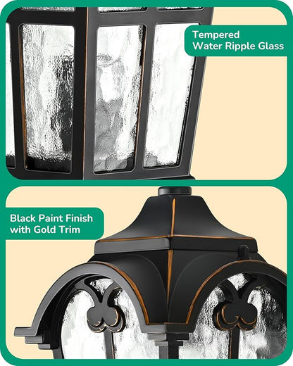 EDISHINE Dusk to Dawn Outdoor Wall Light, 17" Exterior Light Fixture Wall Lantern, Black Roman Porch Light Wall Lamp with Water Ripple Glass, Waterproof Wall Mount Sconce for Porch, Garage, Patio
