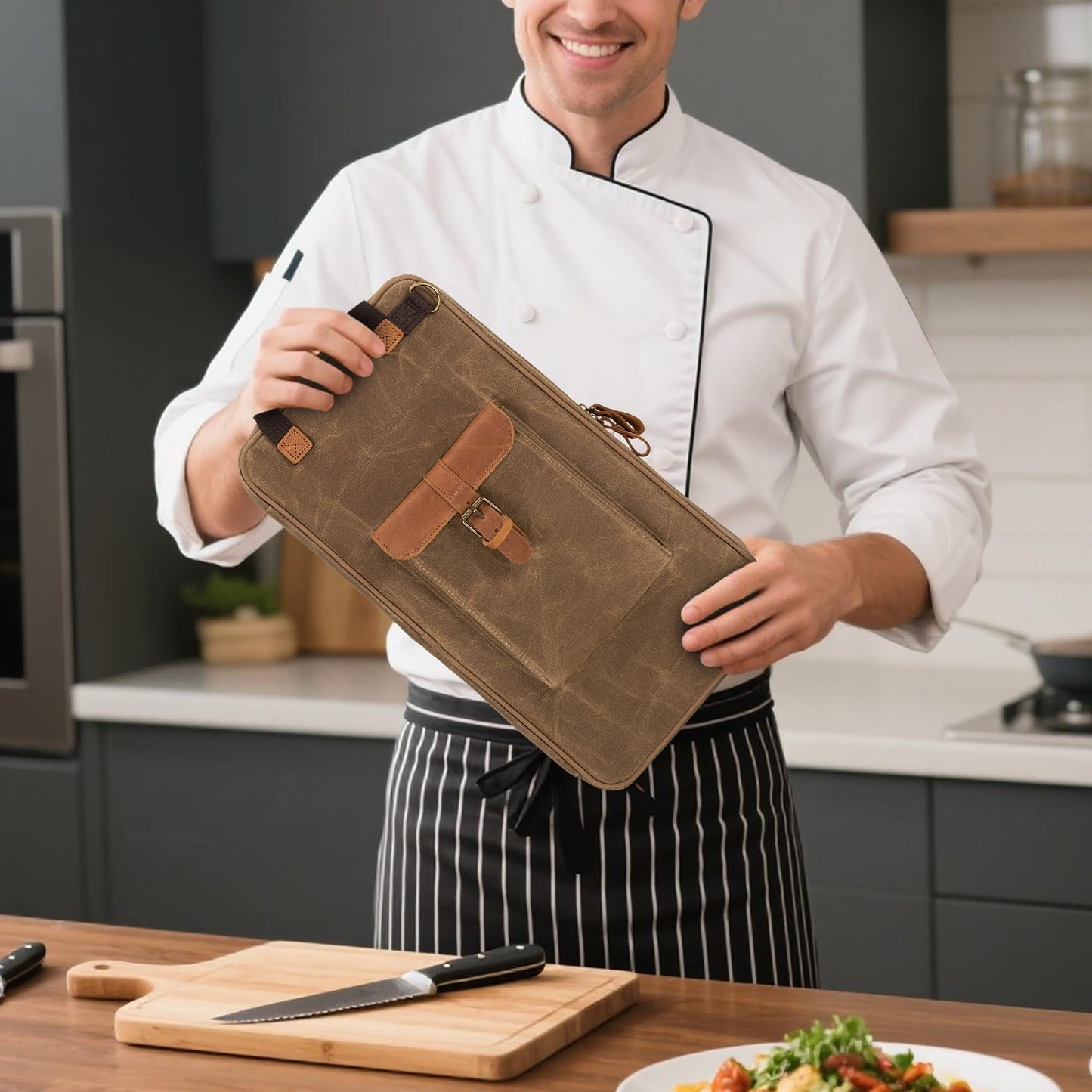 Damero Chef Knife Bag, Waxed Canvas Chef Storage Bag with 11 Slots and 2 Mesh Pockets, Knife Carrier Travel Knife Bag with Top Handles and Detachable Shoulder Strap for Kitchen Tools & Chef Utensils