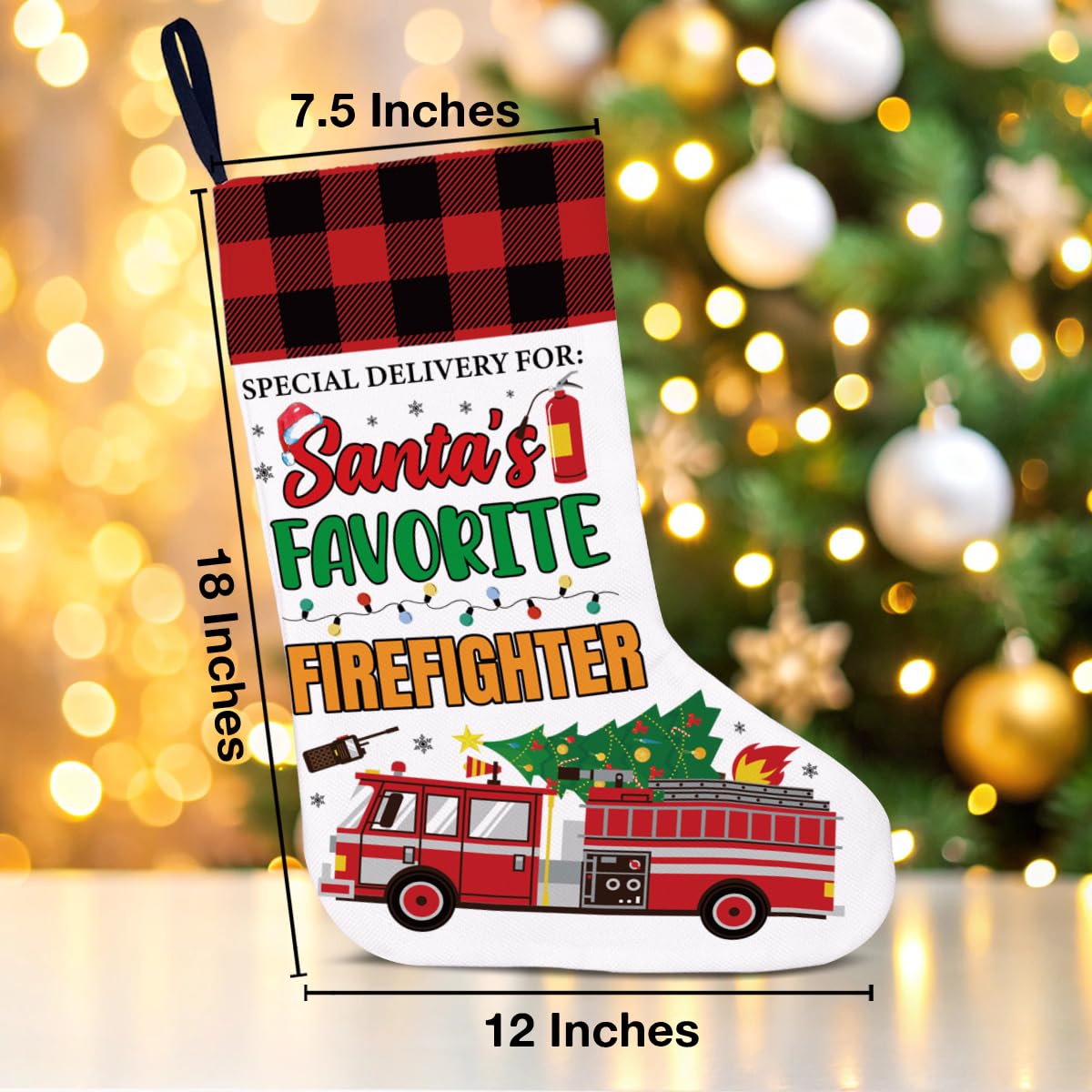 Firefighter Christmas Stocking Christmas Tree Decoration - Special Delivery for Santa's Favorite Firefighter Gifts Xmas Stocking Hanging for Fireplace Wall Stairs Holiday Xmas Decor 18x12 Inch