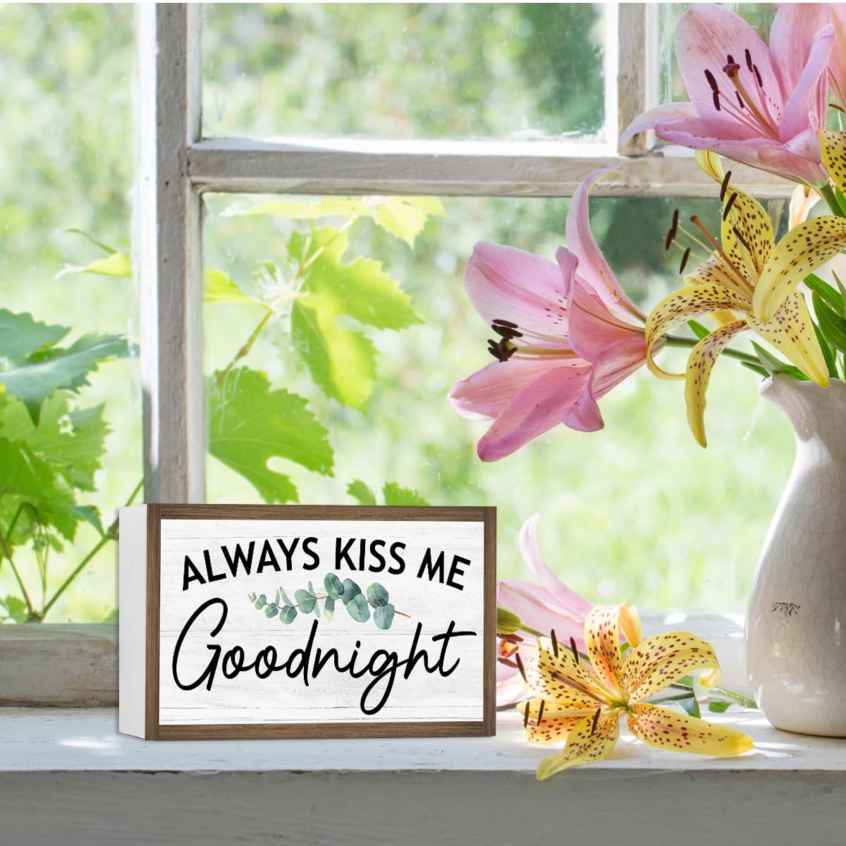 Always Kiss Me Goodnight Wooden Box Sign Desk Decor,Rustic Farmhouse Love Sign Wood Block for Home Bedroom Shelf Tabletop Wall Decor