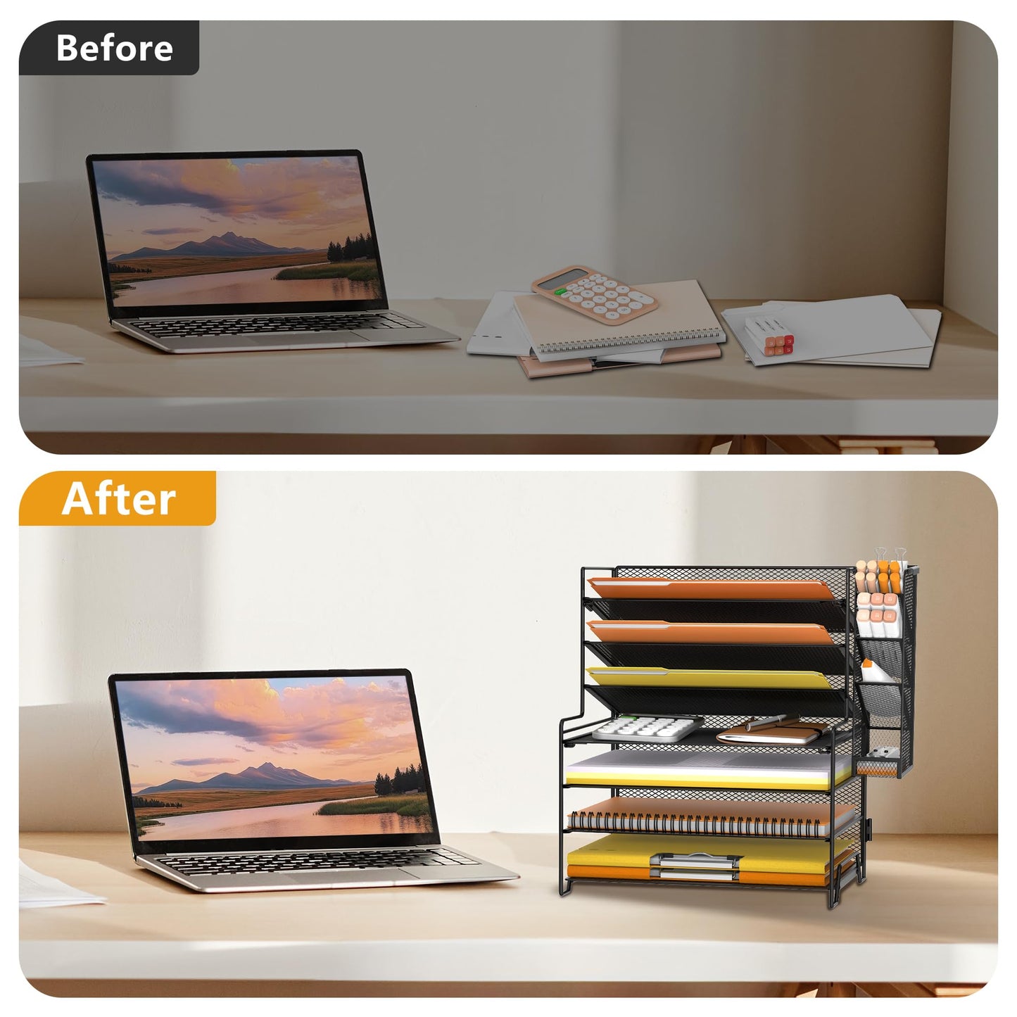 SUPEASY 7 Tier Desk Organizer, Desk File Organizer with Pen Holder, Paper Organizer for Desk, Desk Organizers and Accessories for Home Office School, Black