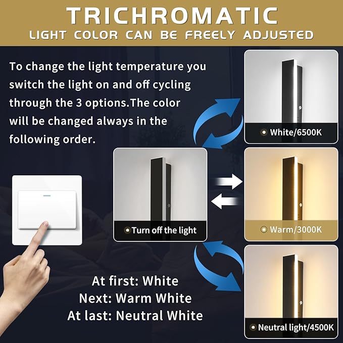 Mikeru 2 Pack Outdoor Wall Light,11.82 Inch 3 Color Wall Sconce（3000/4000/6000K） Front Porch Light, Ip65 Waterproof Black Exterior Wall Light, Exterior Wall Lights for House Courtyard Balcony Porch