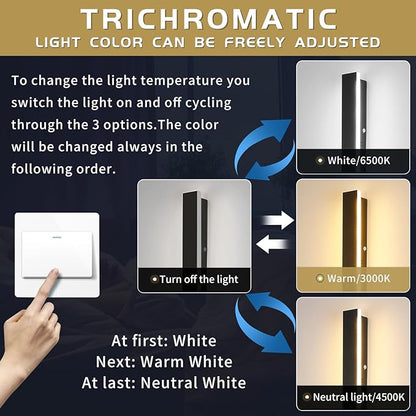 Mikeru 2 Pack Outdoor Wall Light,11.82 Inch 3 Color Wall Sconce（3000/4000/6000K） Front Porch Light, Ip65 Waterproof Black Exterior Wall Light, Exterior Wall Lights for House Courtyard Balcony Porch