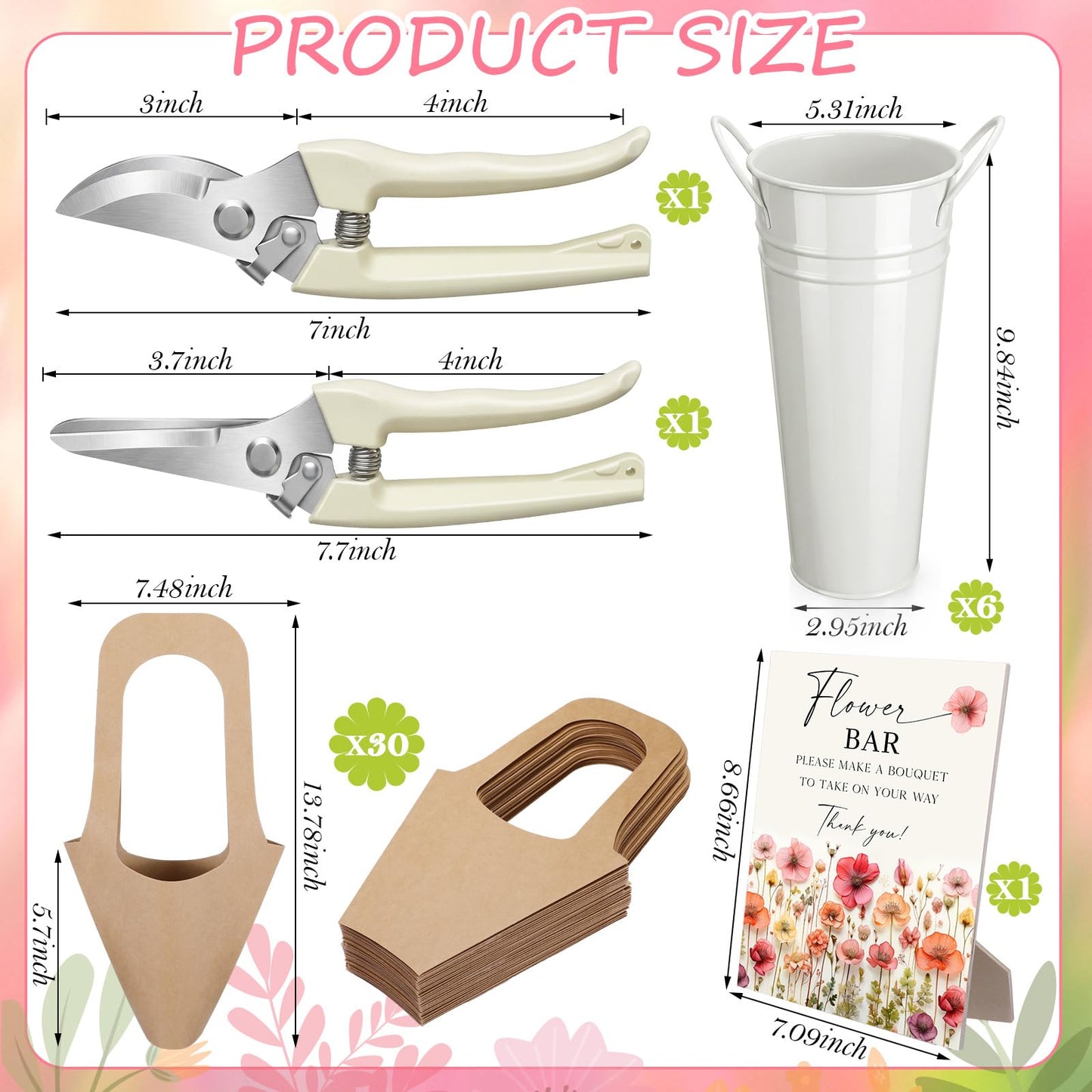 LEIFIDE Flower Bar Buckets Set Kit Bloom Bar Supplies Include Wood Sign Gift Bags Iron Bucket Garden Flower Shears for Wedding Bridal Shower Graduation Birthday Table Centerpieces(39 Pcs,Light Beige)