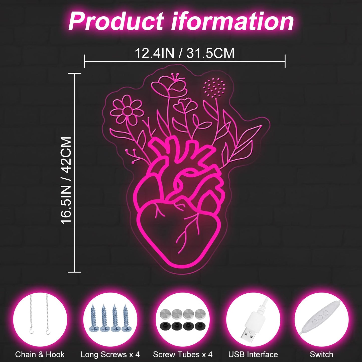 Blooming Human Heart Neon Sign for Wall Room Lights, Heart Flower Custom Led Sign, Wedding Wall Decor, Valentine's Day Wall Decor, Couple Room Light, Bar Home Lamp Party Dorm Living Room