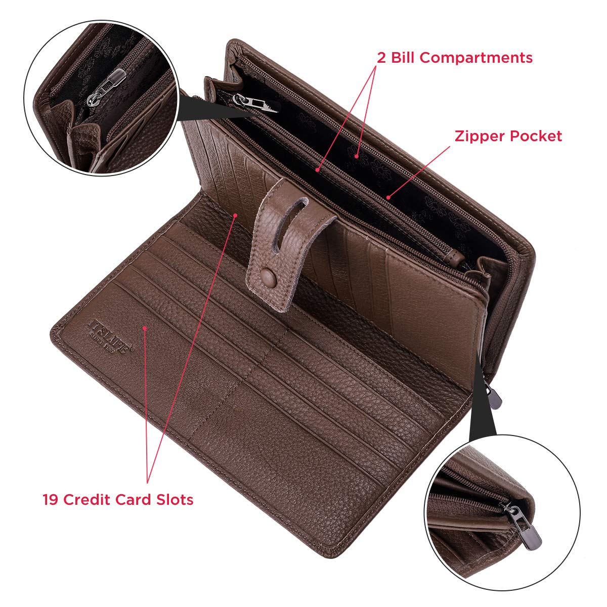 Itslife Womens Wallet,Large Capacity RFID Blocking Leather Wallets Credit Cards Organizer Ladies Wallet with Checkbook Holder,Coffee