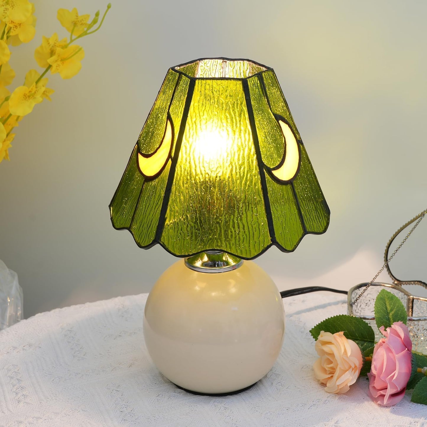 KIPHEPI Tiffany Style Bedside Table Lamp Stained Glass Moon Mushroom Lamp for Bedroom Small Nightstand Lamps for Home Decor Living Room Bedroom Study Nursery Dorm,Green