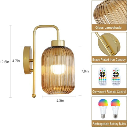 Vintage Gold Wireless Wall Sconces Battery Operated, Rechargeable Wall Lights Set of 2 with Amber Stripe Glass Shade, Remote and Bulb, Cordless Sconces Wall Decor for Bedroom Living Room
