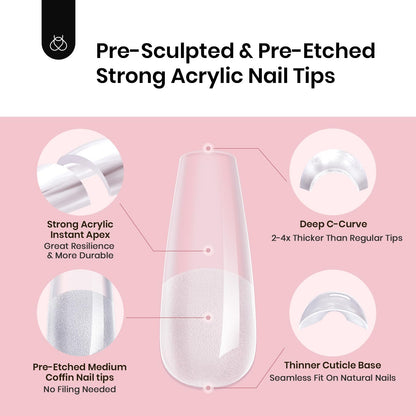 Beetles Tipex Gel Nail Kit, Medium Almond Nail Tips 224 Pcs 16 Sizes Pre-Building Pre-Etched Thick Acrylic Tips with Tipex Glue, Mini Lamp