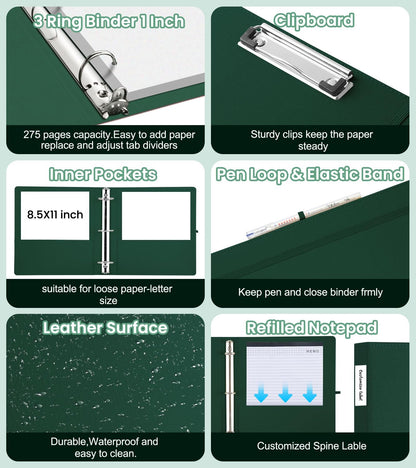 BVSSX 3 Ring Binder with Clipboard,1 Inch Binders with Notepad&5 Dividers with Pockets, Labels,PU Clipboards for School Office(Green,Letter Size)