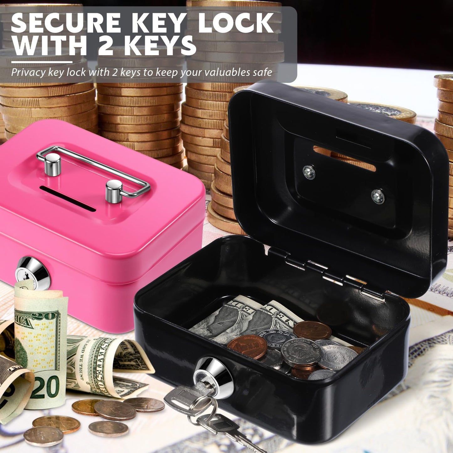 Tandefio 4 Pieces Small Money Box with Lock Metal Cash Box Piggy Bank with Lock and Slot 4.5 x 3.3 x 2 Inch Metal Coin Bank Gifts for Christmas New Year, Without Money Tray(Black, Green, Gray, Pink)