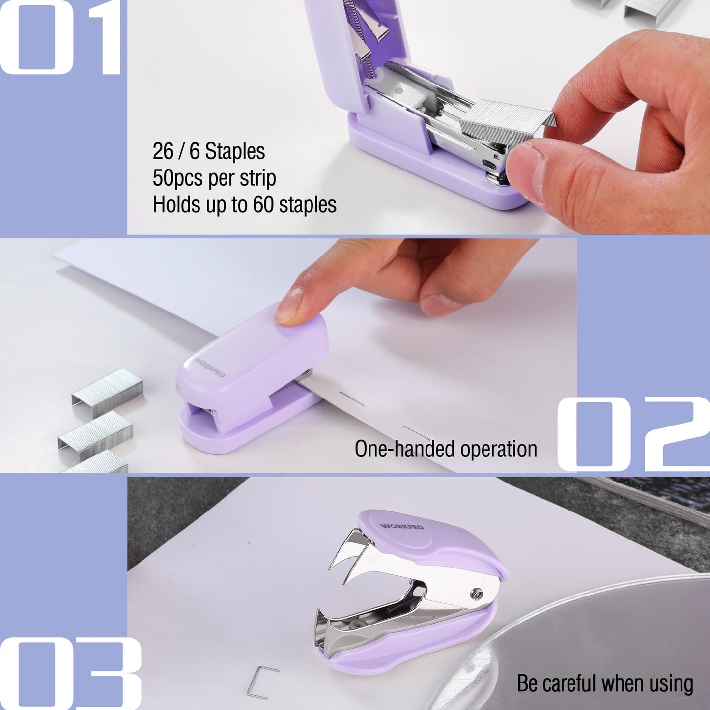 WORKPRO Small Stapler with Staples, Purple Stapler Set Includes Two Mini Staplers, One Staple Remover, 2000 Standard Staples - Cute Staplers for Desk with Non-Slip Base, Lock Design, Colorful