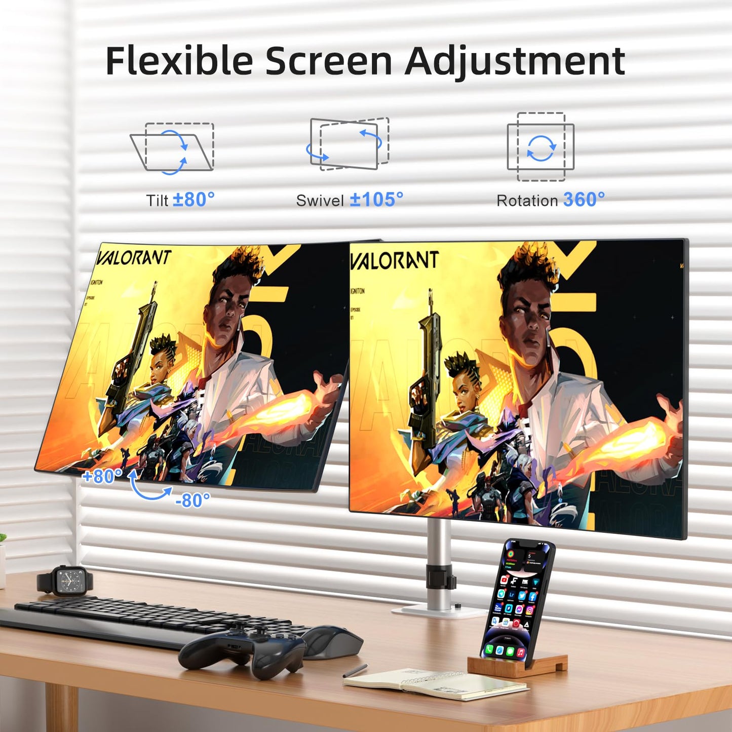 Suptek Dual Monitor Desk Mount, Adjustable Dual Monitor Arm for 2 Monitor Screens up to 43 inch, 15.75" Pole Monitor Stand for Desk, Holds up to 22 lbs,Silver(MD9442LS)