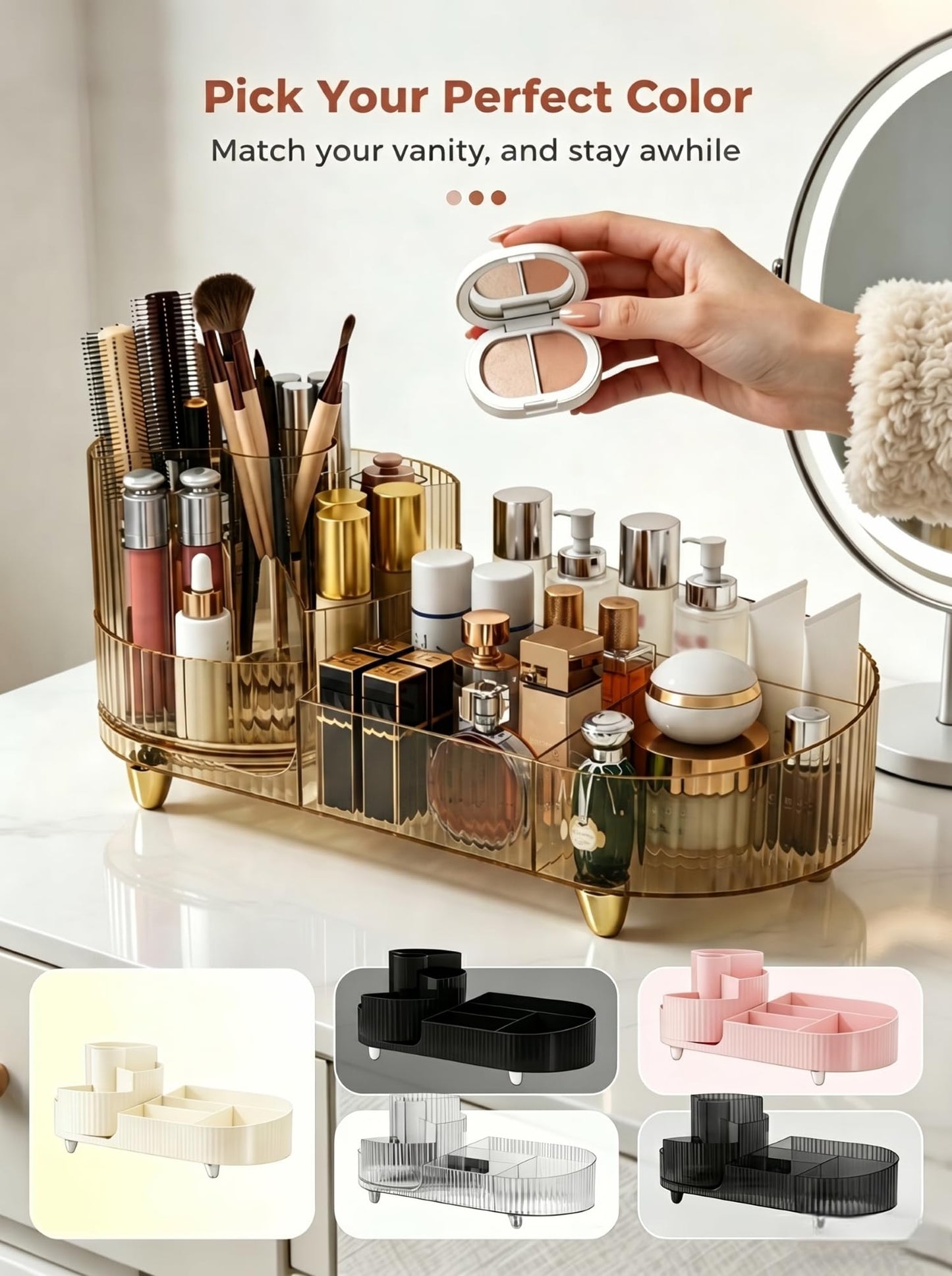 Booklov Rotating Makeup Organizer for Vanity, Large Capacity Cosmetic Display Case, Clear Acrylic Countertop Beauty Storage Holder for Skincare, Brush Eyeshadow Lipstick, Counter Desk, Crystal Amber