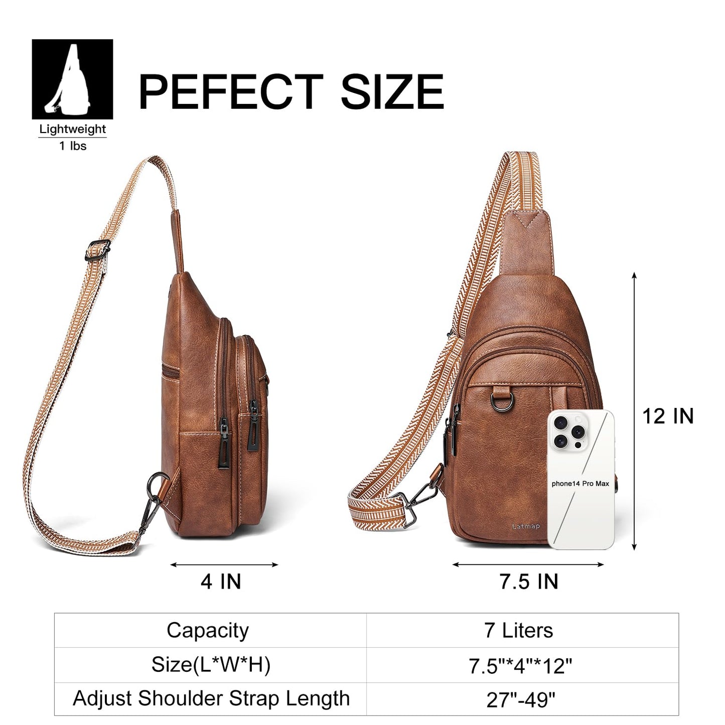 LATMAP 7L Sling Bag for Women Men Leather Small Sling Backpack Daypack Anti Theft Fanny Pack Crossbody Purse Travel, Brown