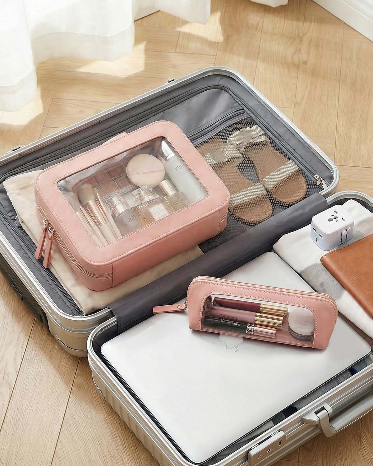 LETGO Clear Travel Makeup Brush Bag, Leather Portable Makeup Brush Bag Organizer Pouch Lipstick Bag Transparent Waterproof Makeup Bag Car Orangizer Storage Bag for Women (Dual Pink)