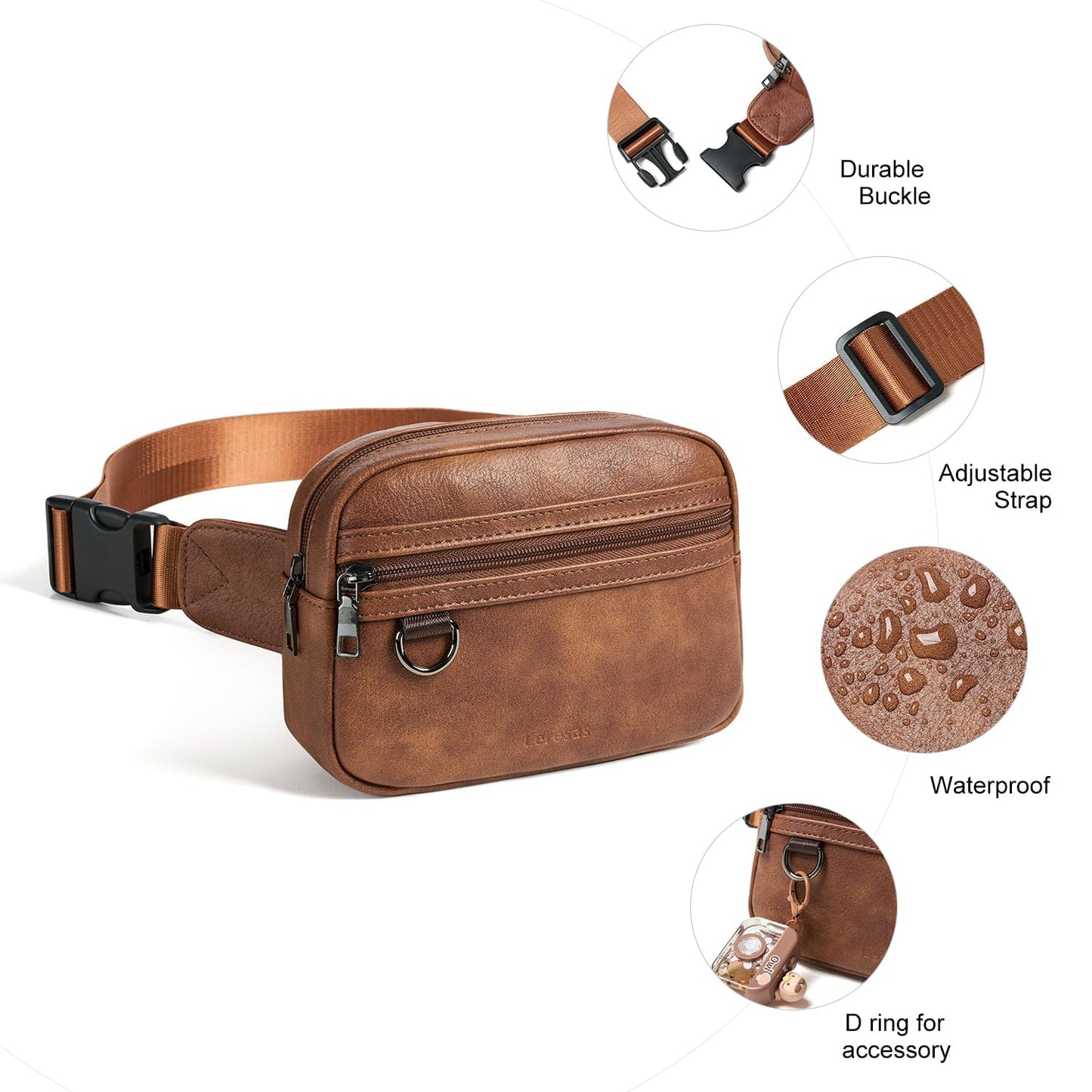 Leresas 2L Fanny Packs for Women Men Everywhere Belt Bag Vegan Leather Chic Waist Pack Crossbody Chest Bag Travel Hiking Brown