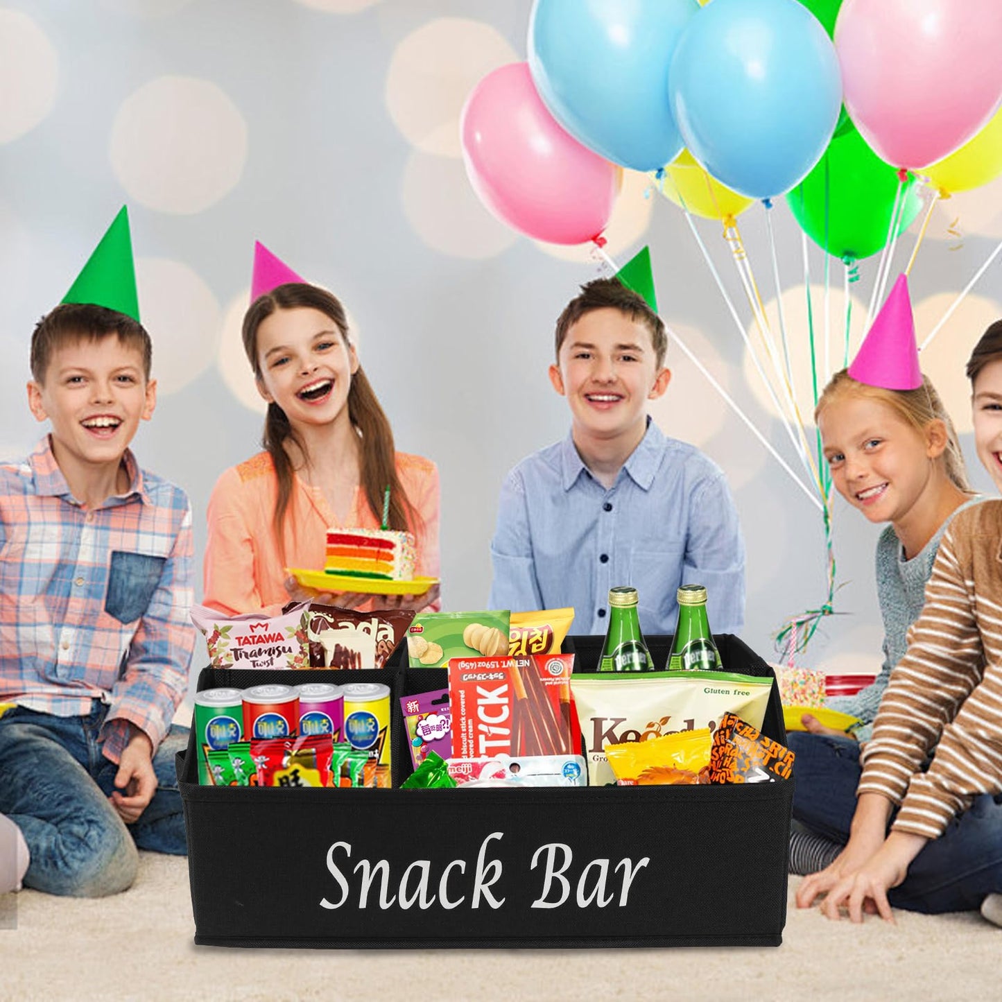 Gdfjiy Snack Organizer for Countertop, Trapezoid Fabric Snack Bin Holder with Side Handles, 6 Compartment Snack Basket Container, Lightweight Snack Bar Station Organizer, Kitchen Pantry Storage-Black