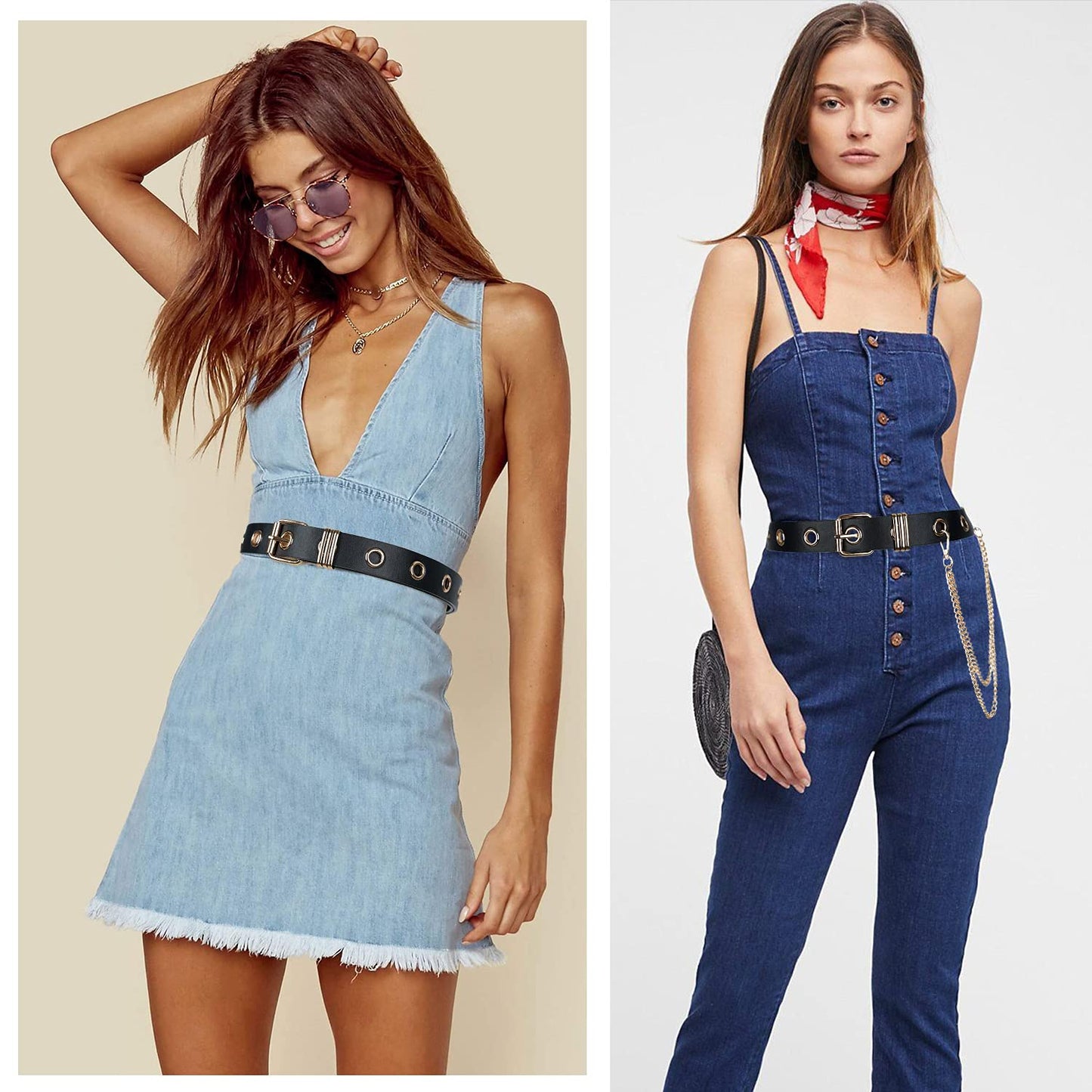 FIORETTO Grommet Leather Belt with Detachable Chain Women Men Punk Rock Waist Belts for Jeans Pants Single Holes (With Gold Chain)