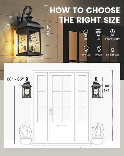 FEMILA 3-Light Outdoor Wall Light, 26" Large Exterior Wall Lantern with Water Ripple Glass, Porch Light for Entryway, Patio, Garage, and Doorway, E12 Base, 4FD54B-L SD BK