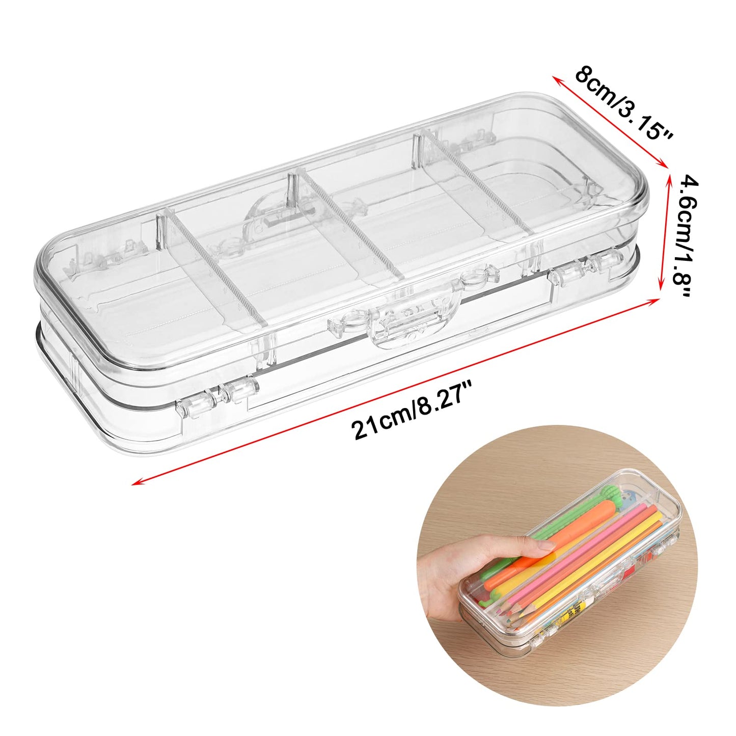 BTSKY Double Deck Pencils Box Clear Plastic Stationery Box with 4 Removable Ruler Dividing Spacers Multi-grid Home Utility Boxes with 6 Compartments for Pencils Erasers Clips (Clear)