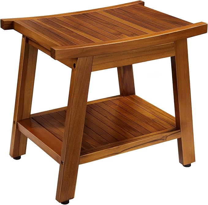TEAKMAMA 21 Inch Teak Shower Bench with Storage Shelf and Handles, Teak Wood Shower Stool Waterproof Bath Chair for Indoor and Outdoor Use, Bathroom Stools for Adults Sitting