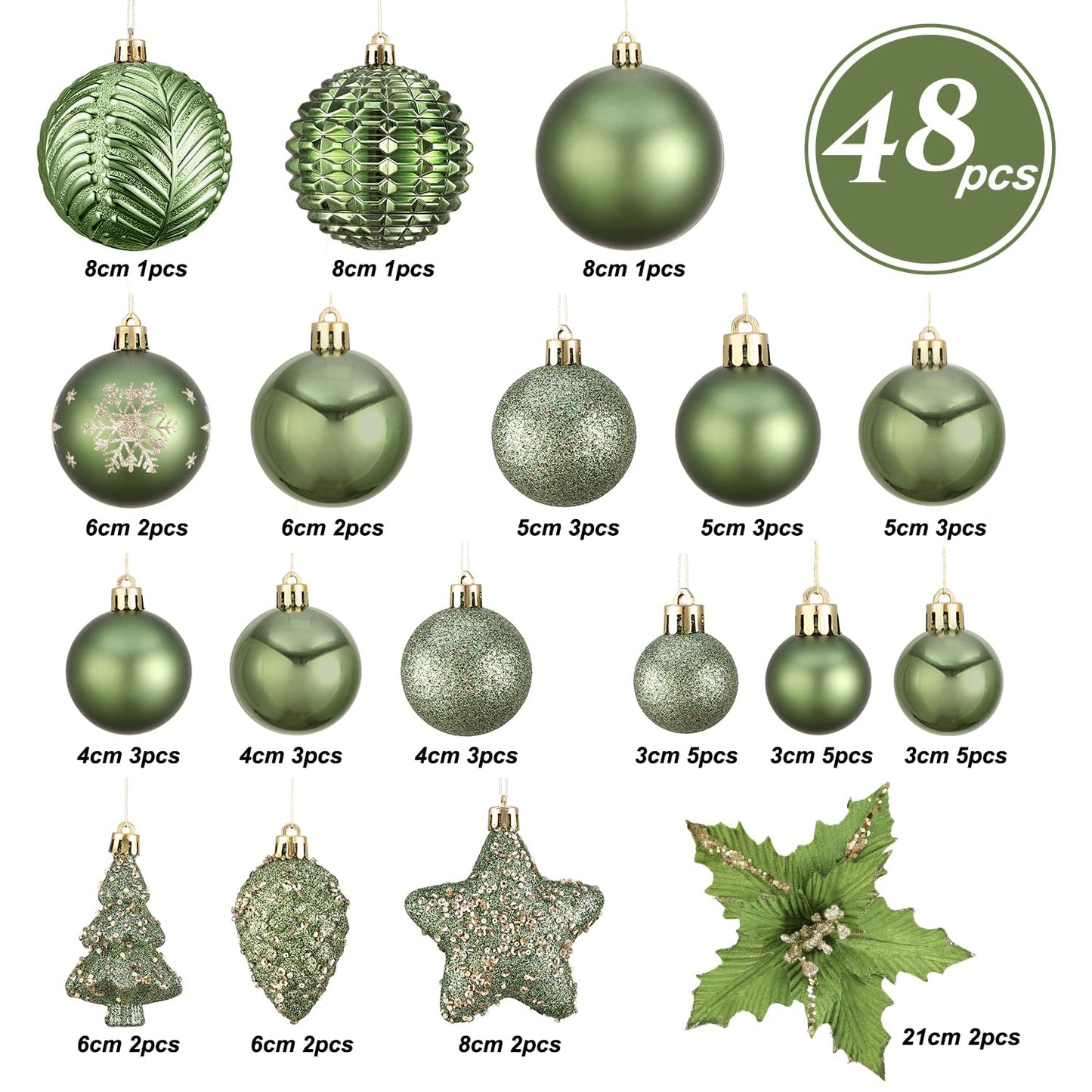 Christmas Ornaments Set, 48ct Green Shatterproof Christmas Tree Decorations Ball Large Glitter Christmas Flowers Hanging Ornament，for Xmas Trees Decor Indoor Home Holiday Party