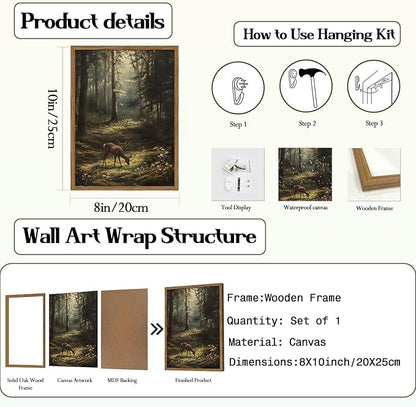 Framed Vintage Forest Deer Canvas Wall Art, Rustic Nature Landscape Paintings Wall Decor, Woodland Animal Pictures Prints Cottagecore Home Decor for Living Room Bedroom Office 8x10inch