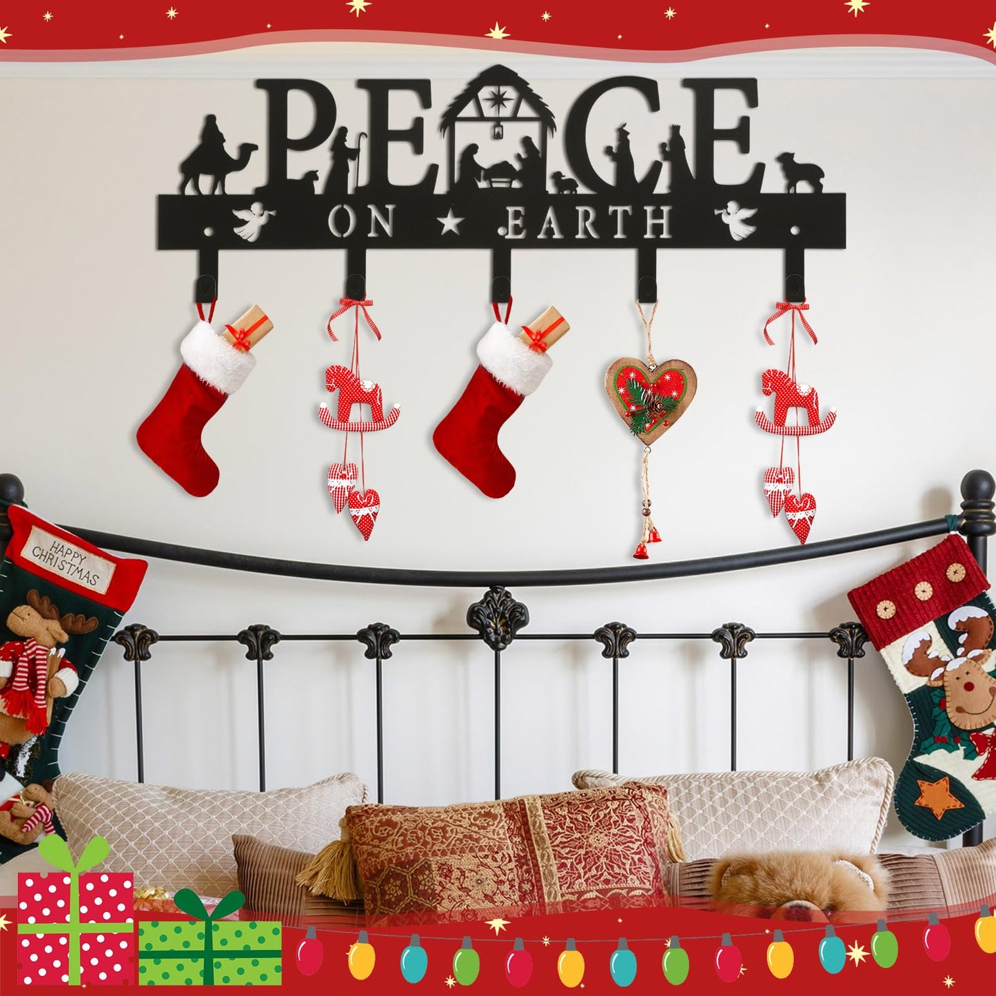 Cinnvoice Nativity Christmas Stocking Holder for Wall with 5 Hangers Metal Christmas Stocking Wall Hanger Mantel Rack Hanging Mount Hook for Holiday Xmas Fireplace Decoration, Black(Peace)