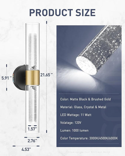 kudos Black and Gold Bathroom Light Fixtures,Modern Led Wall Sconce Light with Crystal Bubble and Clear Glass, 3000K/4500K/6000K Adjustable, KDVL05-BG-2