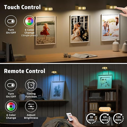3PCS Picture Lights, Rechargeable Battery Magnetic Poster Lights with 3 Color Temps&12 RGB, Dimmable and Timer Metal Art Light for Display, Wall, Artwork, Gallery (Gold)