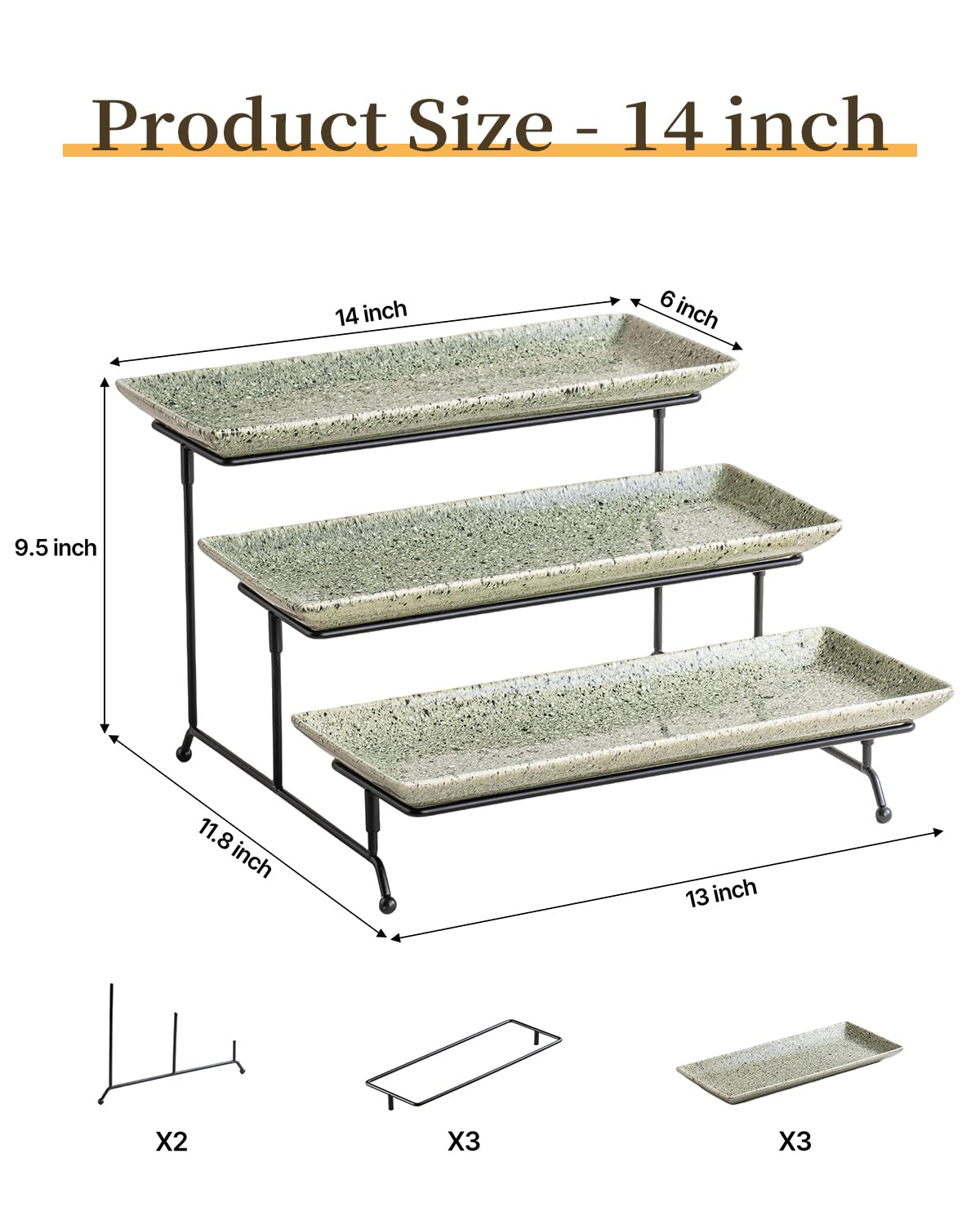 LAUCHUH 3 Tier Serving Trays for Party, 14 inch Dessert Party Display Stand Serving Platters and Trays with Collapsible Sturdier Rack for Father's Day Serving Food, Speckled Gray