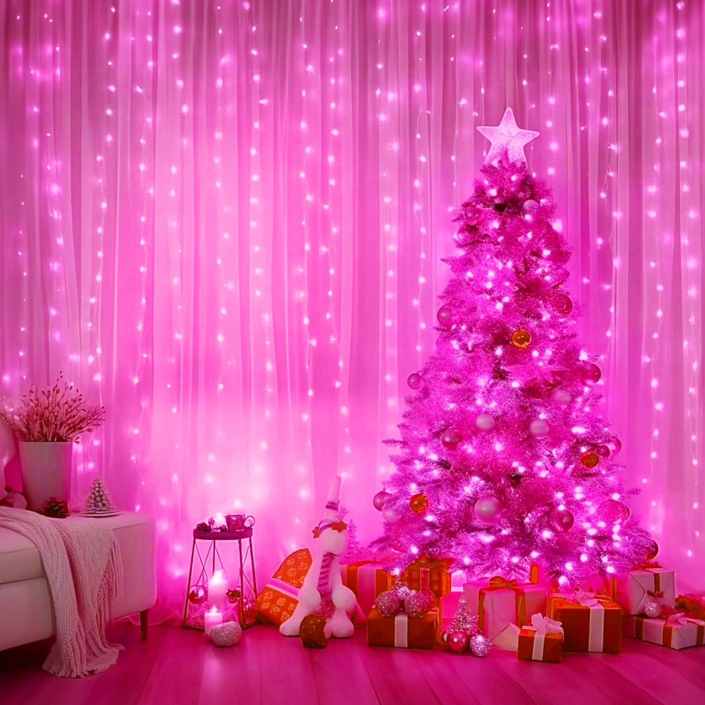 Minetom Curtain Lights, 300 LED Dimmable Fairy Lights with Remote and Timer, 8 Modes, USB Powered String Lights for Room Wall Party Xmas Indoor Decor, Pink