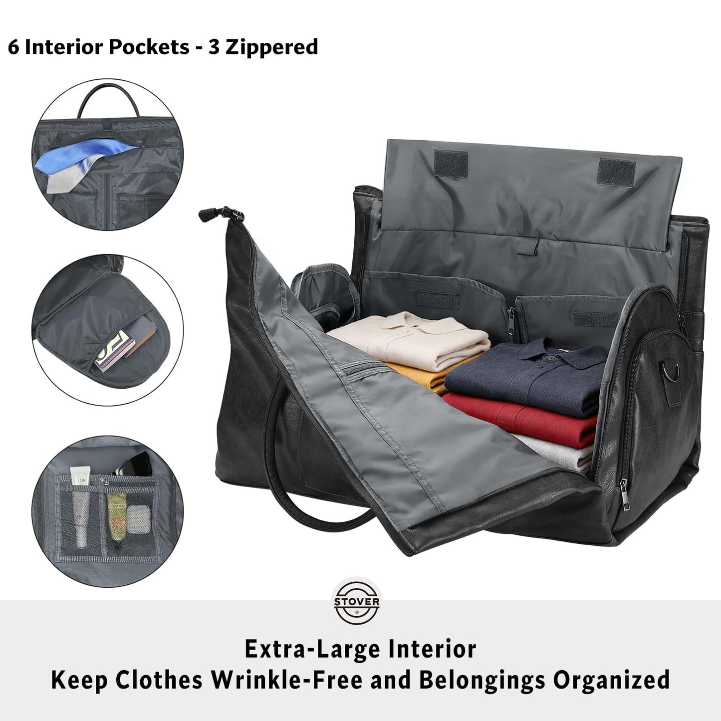 STOVER Garment Travel Duffle Bag, Large 2-in-1 Convertible Carry-on Luggage for Men & Women- Hanging Suits, Dresses & Clothes + Shoe Compartment- Weekender Tote Combo Duffel (Black Leatherette)