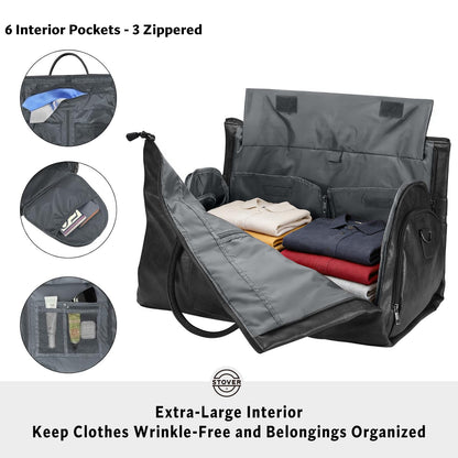 STOVER Garment Travel Duffle Bag, Large 2-in-1 Convertible Carry-on Luggage for Men & Women- Hanging Suits, Dresses & Clothes + Shoe Compartment- Weekender Tote Combo Duffel (Black Leatherette)