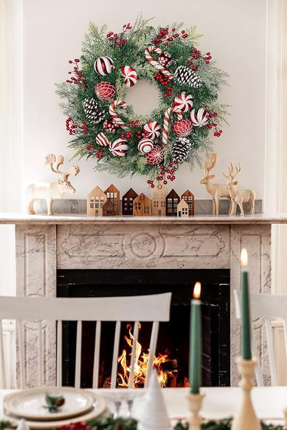 24 inch Christmas Door Wreath, Norfolk Pine Wreaths for Front Door with Candy Cane Red and White Ball Pinecones Berries for Fireplace Xmas Decorations, Wall Window Indoor Outdoor Decor