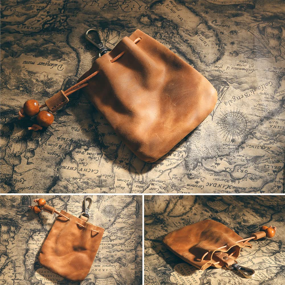 Wugebud 1 Pcs Leather Mini Medieval Pouch Keychain, Coin Organizer, Change Holder, Leather Drawstring Pouch for Men & Women