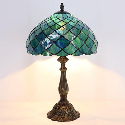 Tiffany Lamp Stained Glass Table Lamp Bedside Reading Light W12H19 Inches (Fishscale Style)