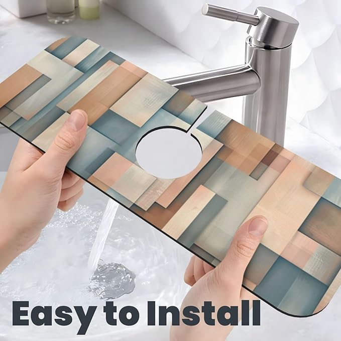 Faucet Draining Mat For Kitchen Sink, Geometric Shapes Brown Beige Diatom Mud
