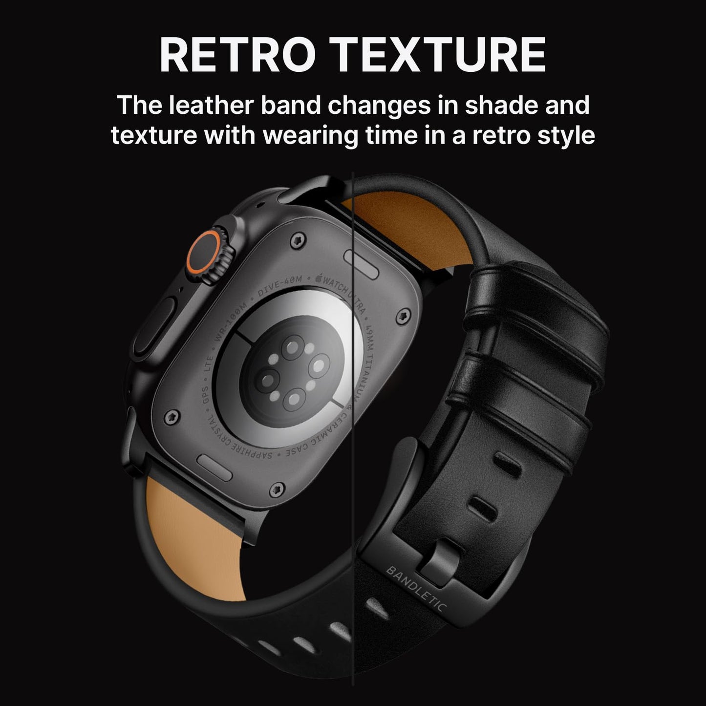 Bandletic Compatible with Apple Watch Bands for Men Women, Soft Genuine Leather Band Replacement Strap for iWatch 49mm(Ultra 3/2/1),46mm(11/10),45mm(9/8/7),44mm(SE3/SE2/SE/6/5/4),42mm(3/2/1)
