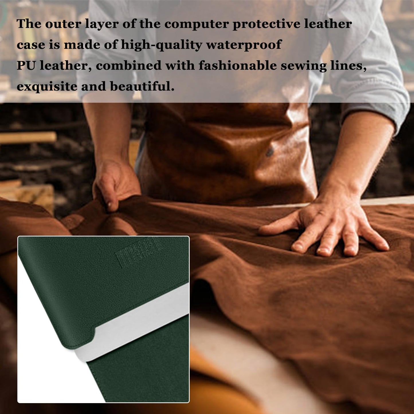 MokaZii 13-14 inch Laptop Sleeve Protective Case for MacBook Air/Pro 13-14" M5/M4/M3/M2/M1 (Pro/Max), [3 in 1] PU Leather Laptop Waterproof Slim Cover with Stand and Mouse for MacBook - Dark green