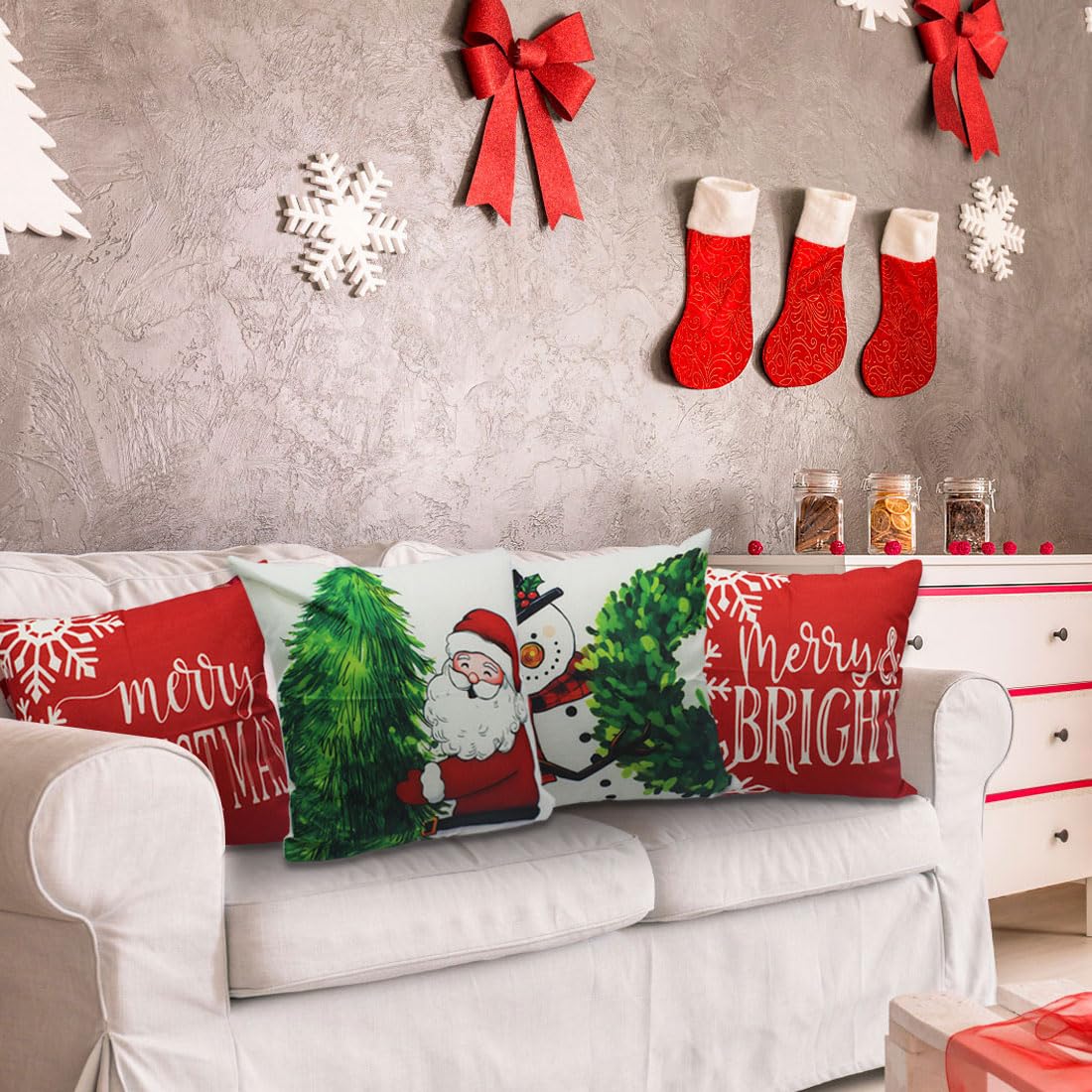 PSDWETS Merry Christmas Pillow Covers 18x18 Set of 4 Christmas Decorations Snowman Santa Claus Wreath Christmas Tree Winter Holiday Decor Throw Cushion Case for Home Couch