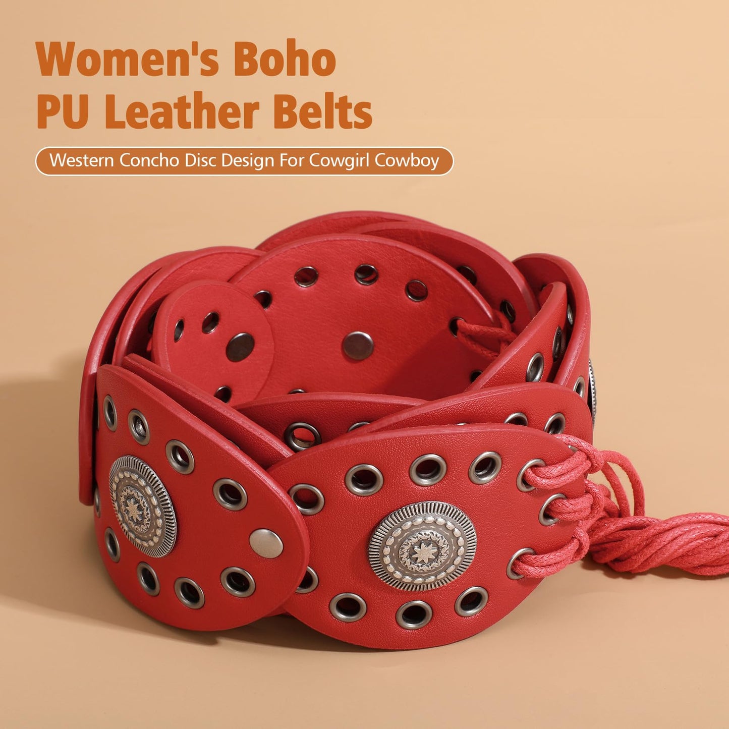 XZQTIVE Women's Boho Disc Belt Concho Western Cowgirl Cowboy Belt for Ladies Wide Vintage Leather Waist Belt for Dress