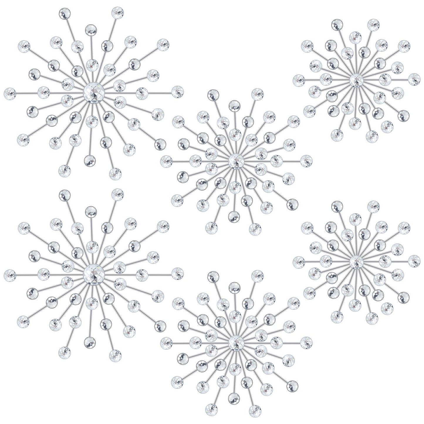 Barydat 6 Pcs Metal Starburst Wall Decor Bling Crystal Wall Art Rhinestone Sunburst Home Decoration No Punch Starburst Hanging Diamond Accents for Living Room Bedroom(25cm, 20cm, 15cm,Silver)