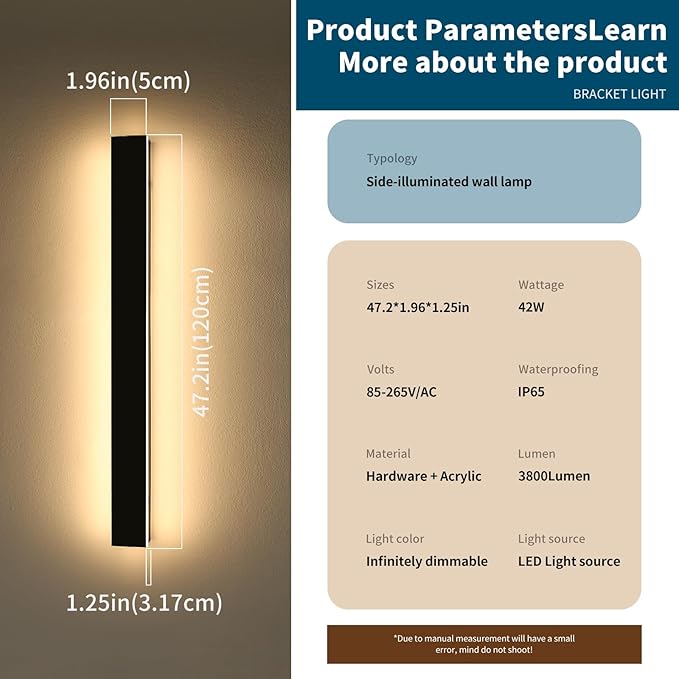 47inch Modern Outdoor Wall Light, LED 3000K-6000K Dimmable Long Exterior Lighting, IP65 Waterproof, Minimalist Garage Sconce Light Fixture for House Hallway Patios with Remote Control
