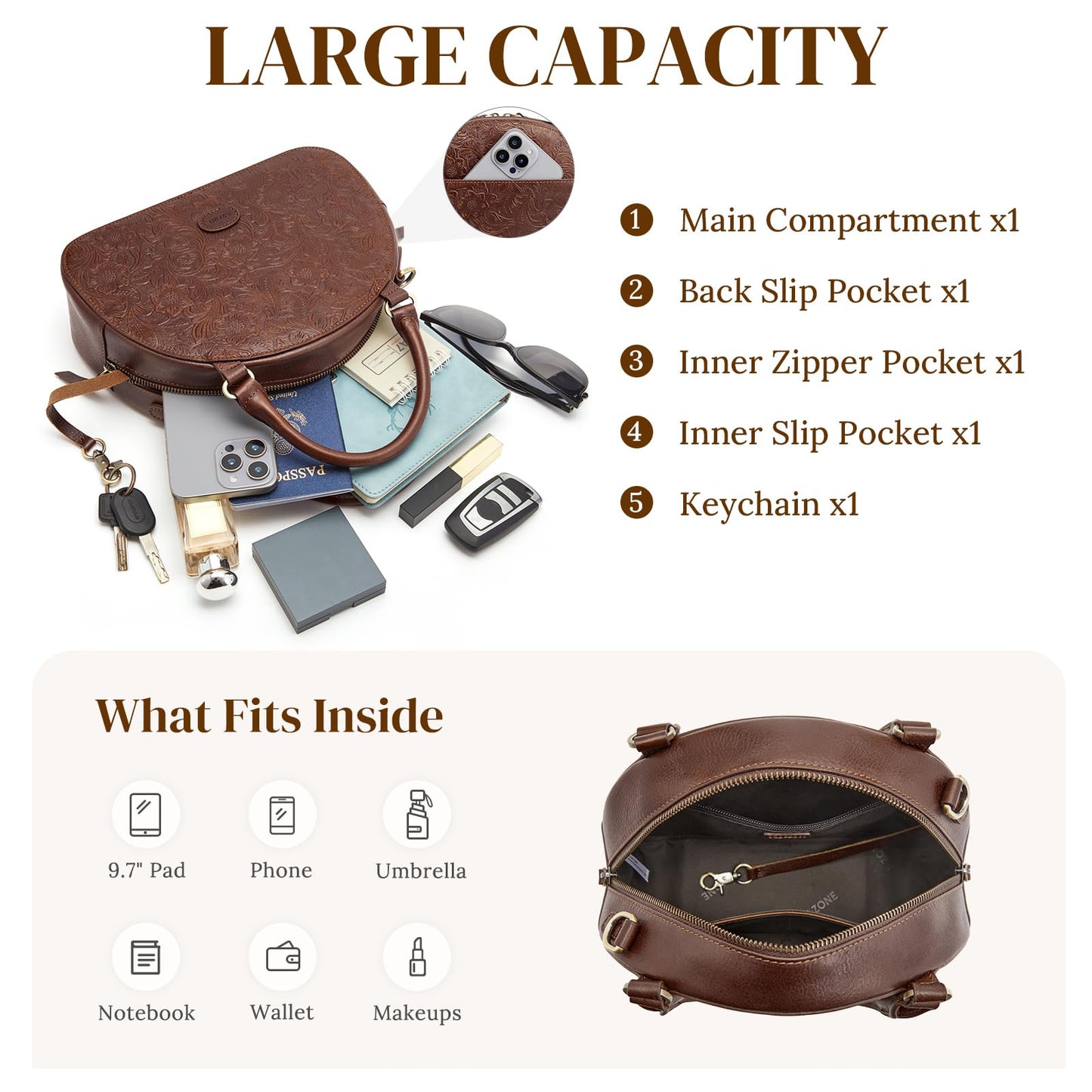 S-ZONE Leather Crossbody Bags for Women Vintage Handbag Top Handle Purse Designer Dome Satchel