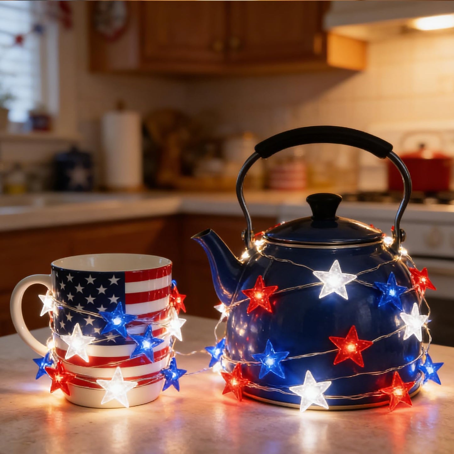 TWINGLEHOME 50 LED Patriotic String Lights Star 16FT (5M) with Copper Wire, Waterproof Battery Box, Multifunctional Modes Lighting (Red, Cool White, Blue) for Nation Day