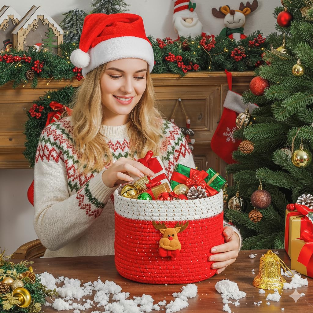 INough Christmas Baskets Cotton Rope Baskets for Christmas Empty Red Christmas Toy Bin, Christmas Gift Bin Large Blanket Storage Baby Basket for Kids Room/Living room (Reindeer Large)