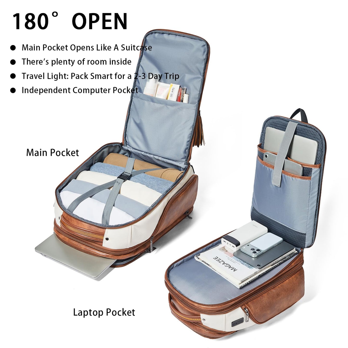 Shrrie Leather Backpack for Women, 17 Inch TSA Travel Backpack with USB Charger, 48L Expandable Large Capacity Computer Backpack Purse for Work Business Travel, Beige